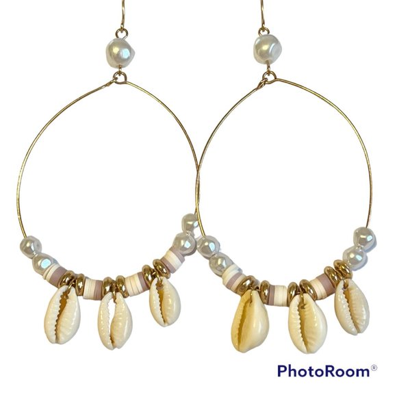 Gold Cowrie Shell White Freshwater Pearl Earrings Island Beach BIG Hoops Plated - Picture 1 of 11
